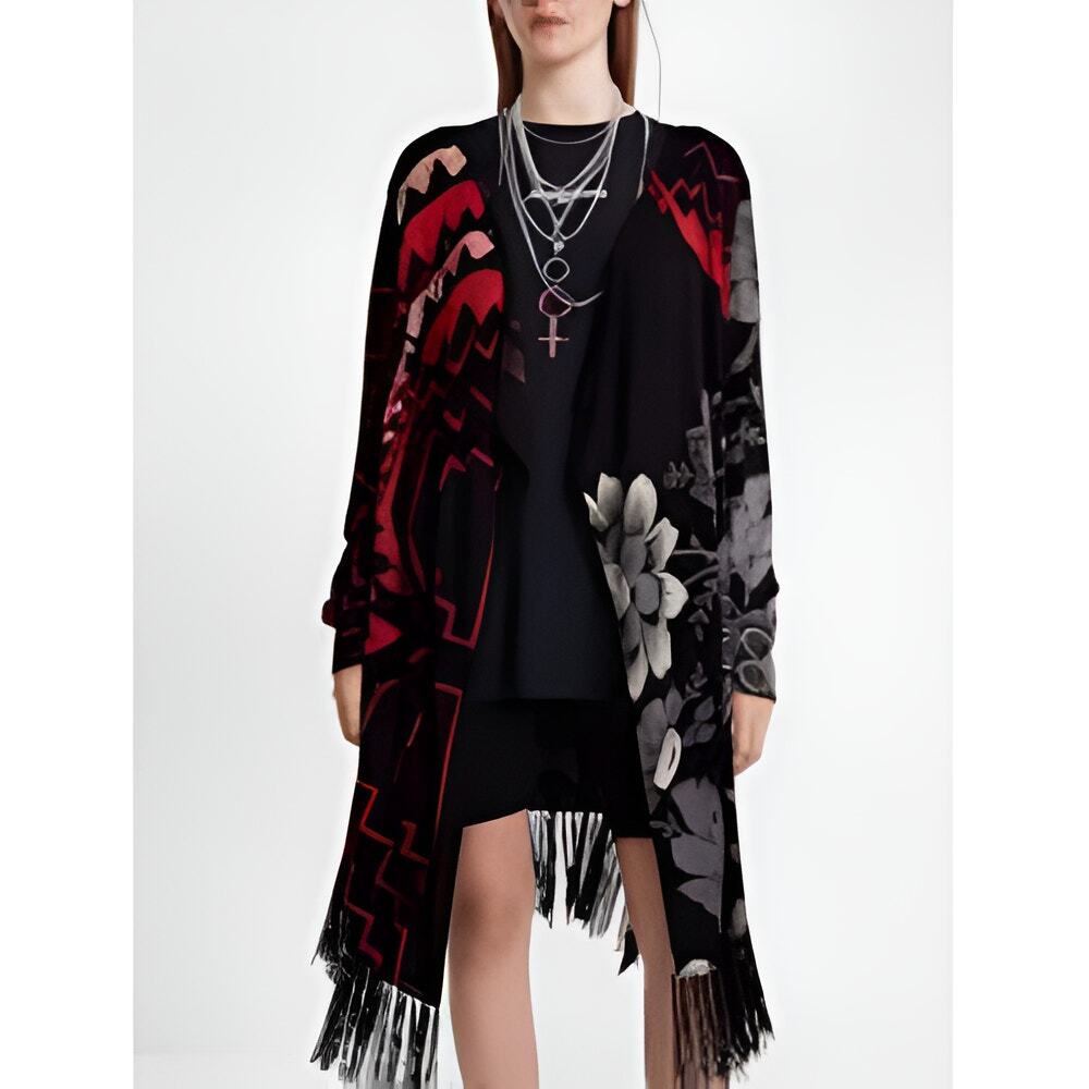 Desigual Womens Boho Dark Detroit Fringe Floral Open Front Knit Cardigan Size L